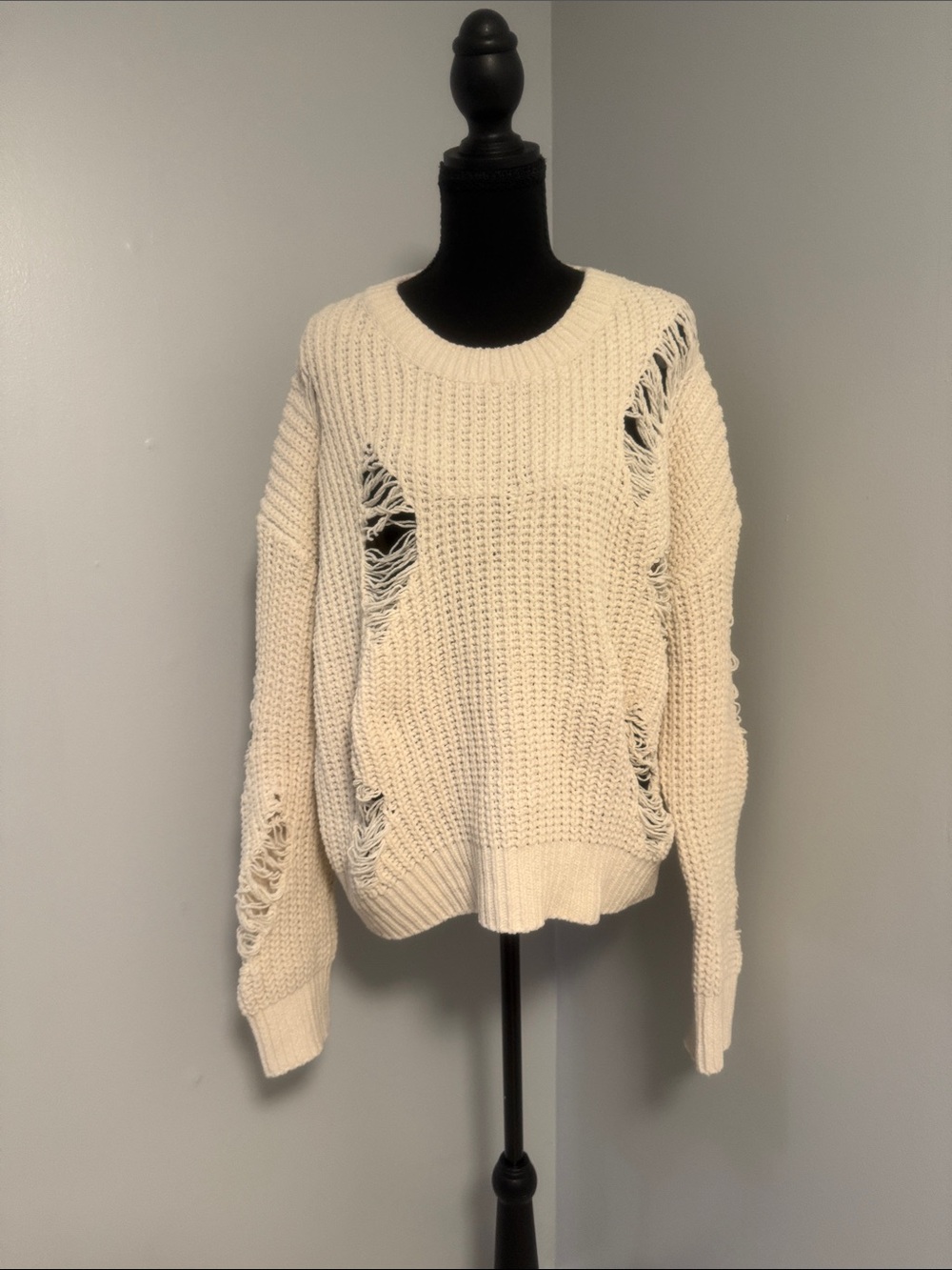 POL Distressed Scoop Neck Sweater - Cream